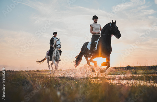 Adventure, girl and horse riding with sunset or water for holiday with bonding on field. Animal, rider and female person with splash in river for travel in outdoor at ranch for hobby or fun and race.