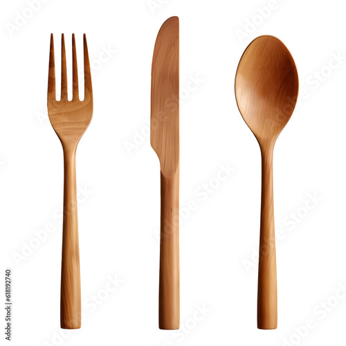 Set of Cutlery of wood wooden spoon, fork knife on transparent background cutout, PNG file. Mockup template for artwork design. 

