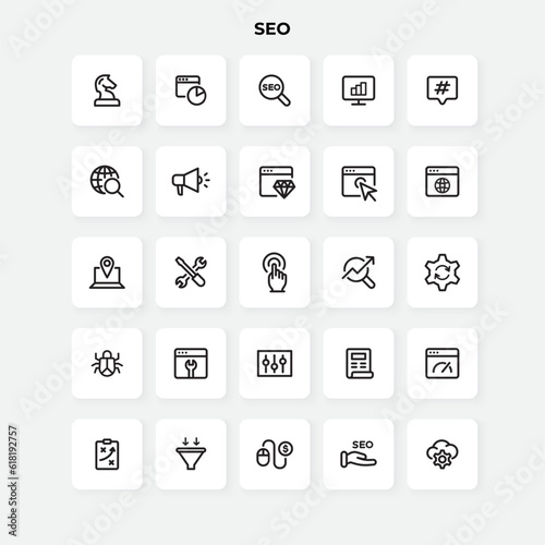 SEO line icons set. Chess piece, magnifier, hashtag, search, mouthpiece and other elements