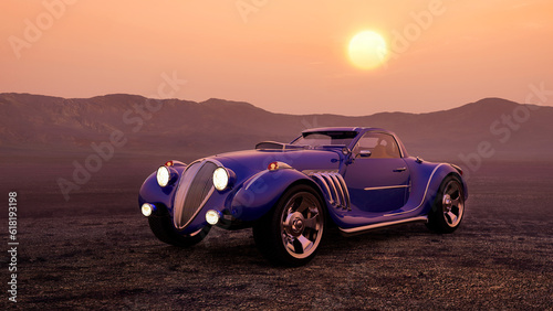 Fantasy blue luxury roadster sports car with headlights on during sunset in a desert landscape. 3D rendering.