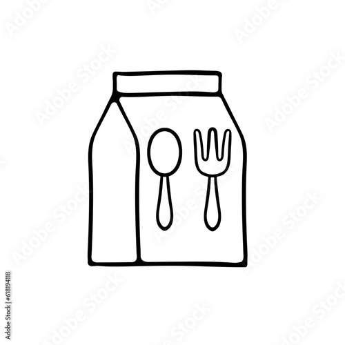 Food Delivery Icon. Food bag, lunch, spoon, fork, snack, dinner. Vector black line icon