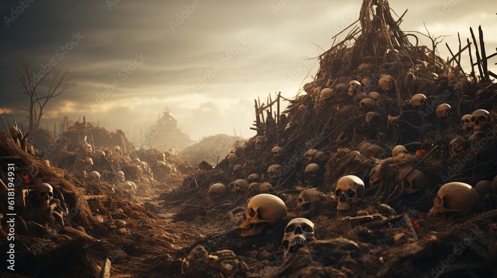 a pile of skulls on a dirt hill. Generative AI Art.