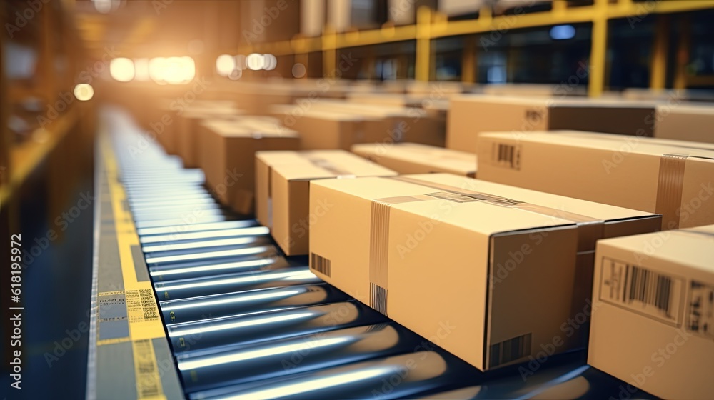 Boxes on the conveyor, postal service - Generative AI technology