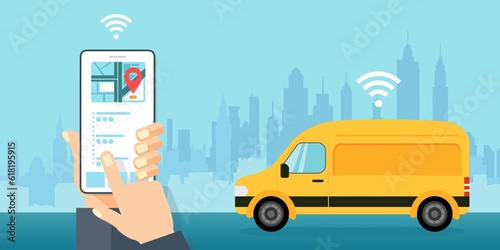 Chiama un taxi online, applicazione mobile. App mobile con mappa. - illustrazioni furgone noleggio merce lavoro photo