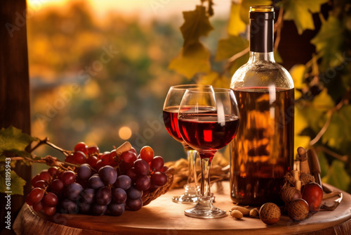 bottle glass background drink bunch wine beverage winery food grape alcohol. Generative AI.