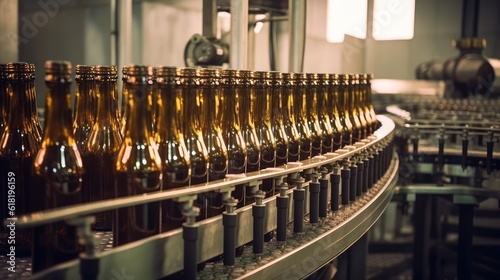 Beer bottles on production line with big machine at Beverage factory interior, machine working bottles production line, Generative AI