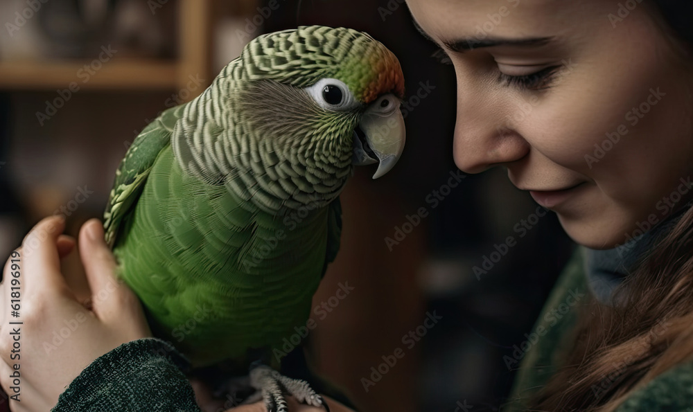 Obraz premium Green Quaker parrot is sitting on woman shoulder, generative AI