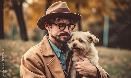 Man with his dog playing in the park, Owner hugs his pet, generative AI