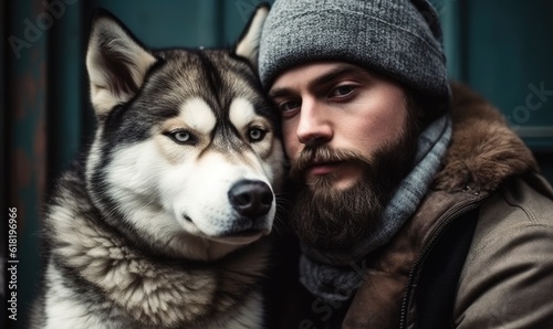 Hipster man snuggling and hugging his dog, close friendship loving bond between owner and pet husky, generative AI © Enigma