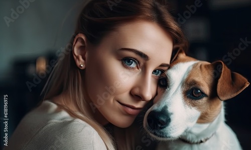 Young woman with her cute Jack Russell Terrier at home, generative AI © Enigma