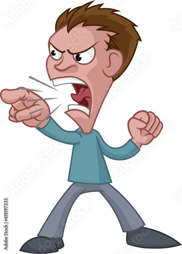 An angry man cartoon character. Shouting, yelling or screaming and pointing with his finger.