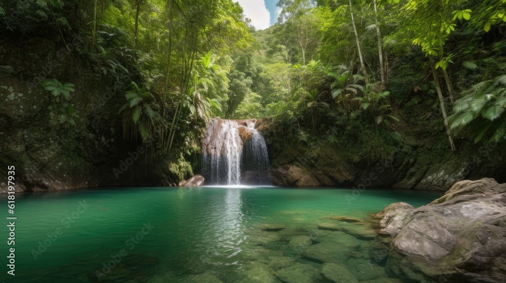 Naklejka premium Stehend am Rande des Wasserfalls: Ein Blick in die unberührte Wildnis - Generative AI