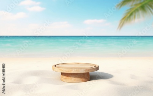 Wooden platform podium with a beach in the background, product presentation background