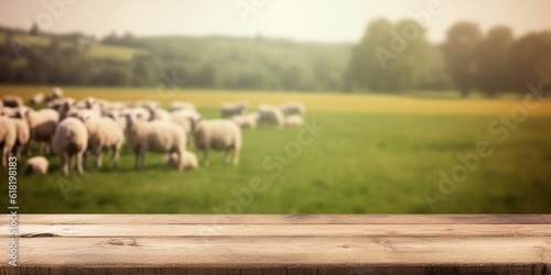 Empty wooden table with sheep in the background