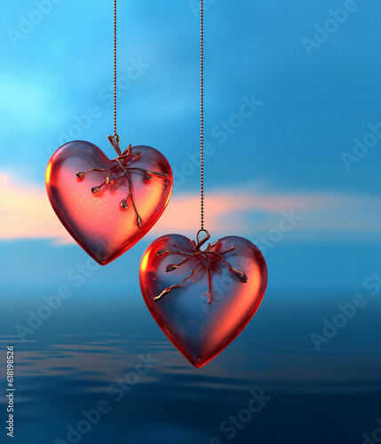 Two red decorayive glass hearts in the evening light on the background of the sea. Romantic background. AI generated.