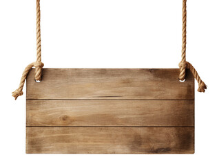 Wooden sign with ropes isolated on transparent or white background, png