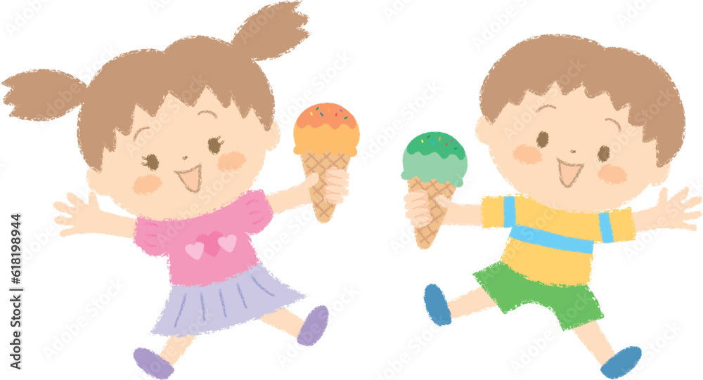 アイスクリームを持って喜ぶ男の子と女の子