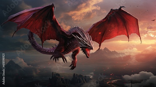 A ruby red dragon in flight with a lightning storm in the background
