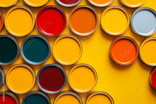 Many different colored tin cans with paint. House rennovation, design ideas, bright conceptual photo. High quality photo with copy space. AI generated photo
