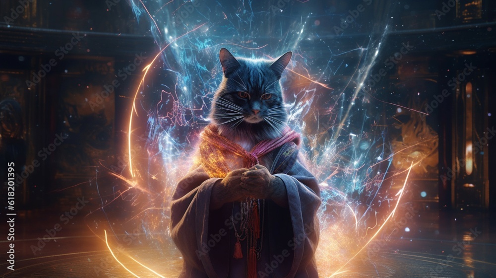 cat wizard casting spell illustration.Generative AI cat wizard casting spell illustration.Generative AI