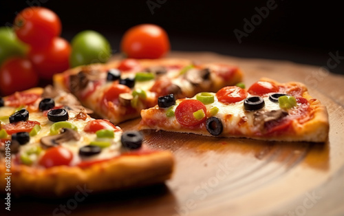 Pizza slices on wooden tray, close-up zoom, Hawaiian face
