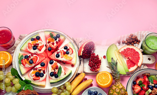 Summer fruits assorted on white background. Fresh raw food concept.