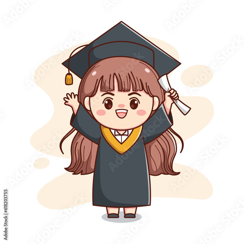 happy graduation girl with cap and gown cute kawaii chibi cartoon