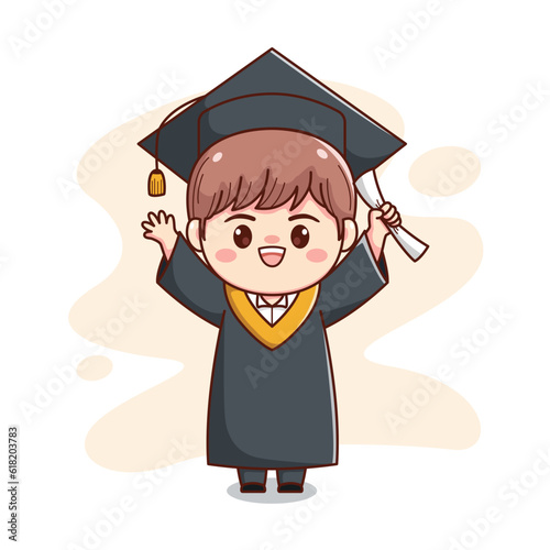 happy graduation boy with cap and gown cute kawaii chibi cartoon