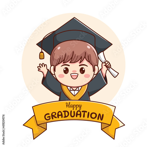 Banner or ribbon happy graduation boy with cap and gown cute kawaii chibi cartoon