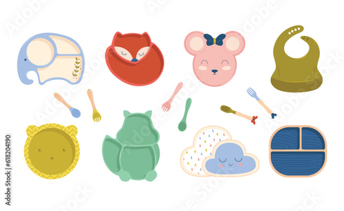 Kid tableware set children dish flat design vector. Baby silicone tableware set. Set of children's bowls, plates and bib. Baby tableware. Nutrition and feeding concept.