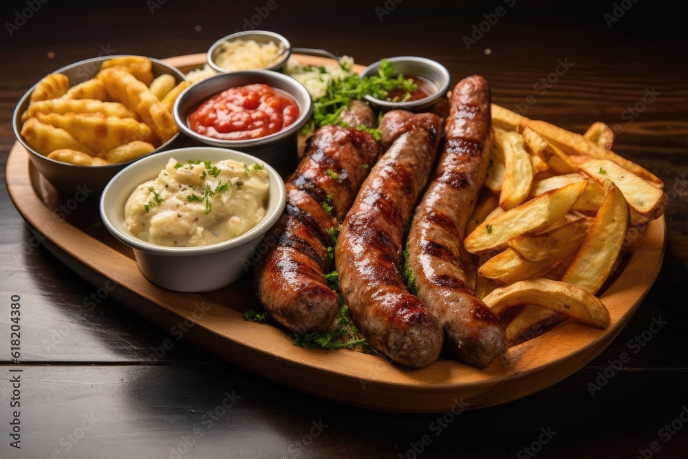 A Bratwurst with Accompaniments, German Sausage Crafted from Succulent Pork. Generative AI A Bratwurst with Accompaniments, German Sausage Crafted from Succulent Pork. Generative AI