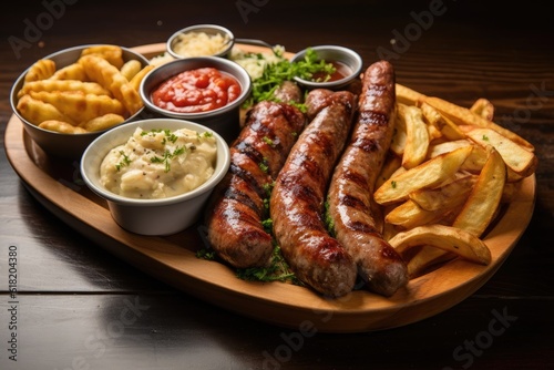 A Bratwurst with Accompaniments, German Sausage Crafted from Succulent Pork. Generative AI
