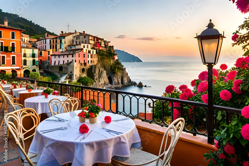 Photo colorful illustration of a coffee cup on a table with the view of an italian vil