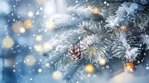 Christmas winter blurred background. Xmas tree with snow decorated, holiday festive background. New year Winter design. generative ai
