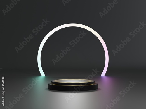 Luxury black and gold cylinder pedestal podium with line gradient neon ring, Abstract modern rendering 3d shape for product display presentation.

