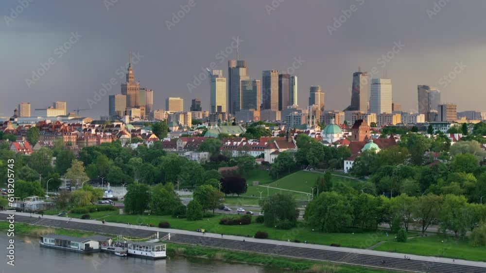 Warsaw city panorama over Old Town and the Vistula river during sunset. Warsaw city panorama over Old Town and the Vistula river during sunset.