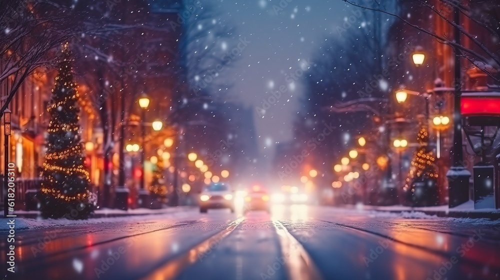 city street Christmas winter blurred background. Xmas tree with snow decorated with garland lights, holiday festive background. Widescreen backdrop. New year Winter. generative ai