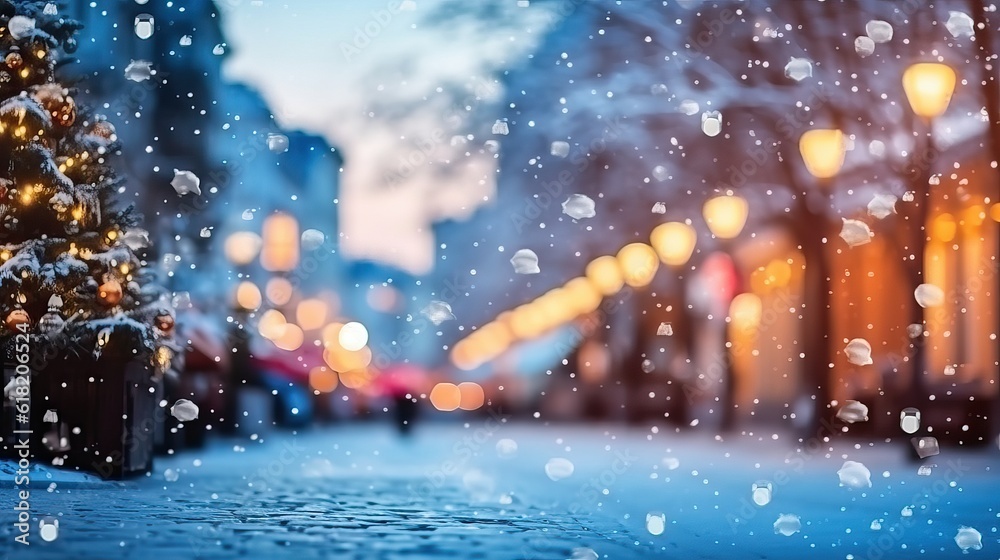 city street Christmas winter blurred background. Xmas tree with snow decorated with garland lights, holiday festive background. Widescreen backdrop. New year Winter. city street Christmas winter blurred background. Xmas tree with snow decorated with garland lights, holiday festive background. Widescreen backdrop. New year Winter.