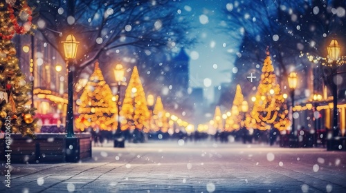 city street Christmas winter blurred background. Xmas tree with snow decorated with garland lights, holiday festive background. Widescreen backdrop. New year Winter.  © megavectors