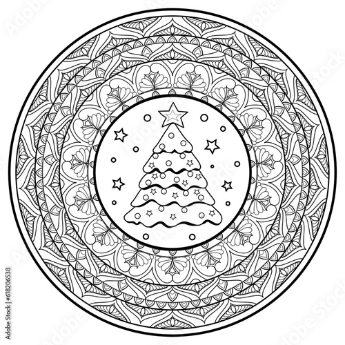 Vector illustration of a mandala with Christmas tree for coloring adult book antistress, mandala vettoriale con albero di natale da colorare per libro adulti antistress