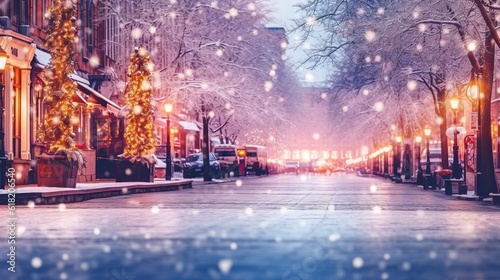 city street Christmas winter blurred background. Xmas tree with snow decorated with garland lights, holiday festive background. Widescreen backdrop. New year Winter. generative ai