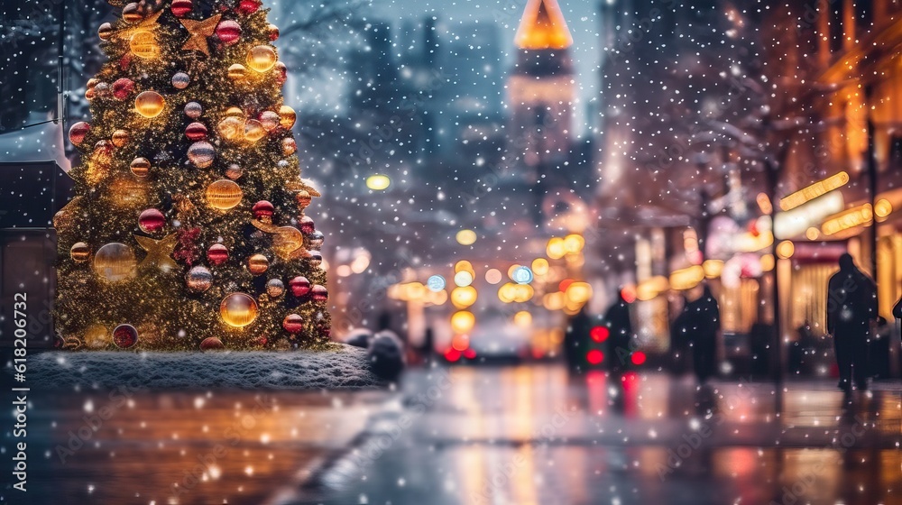 Fototapeta premium city street Christmas winter blurred background. Xmas tree with snow decorated with garland lights, holiday festive background. Widescreen backdrop. New year Winter. 