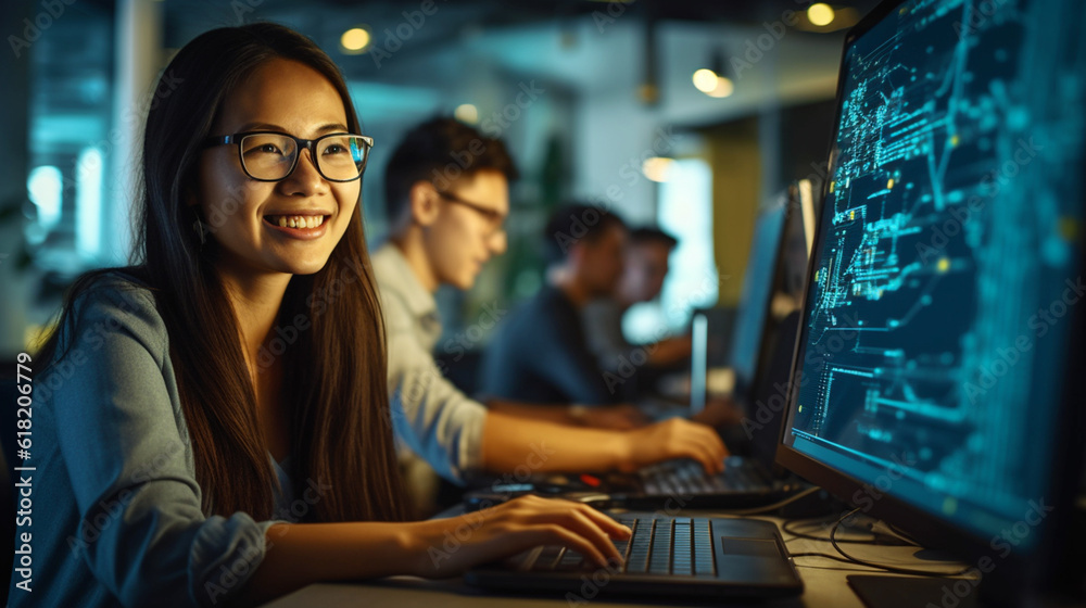 A beautiful young Asian female programmer working on computer in an office with co-workers. Generative Ai. A beautiful young Asian female programmer working on computer in an office with co-workers. Generative Ai.