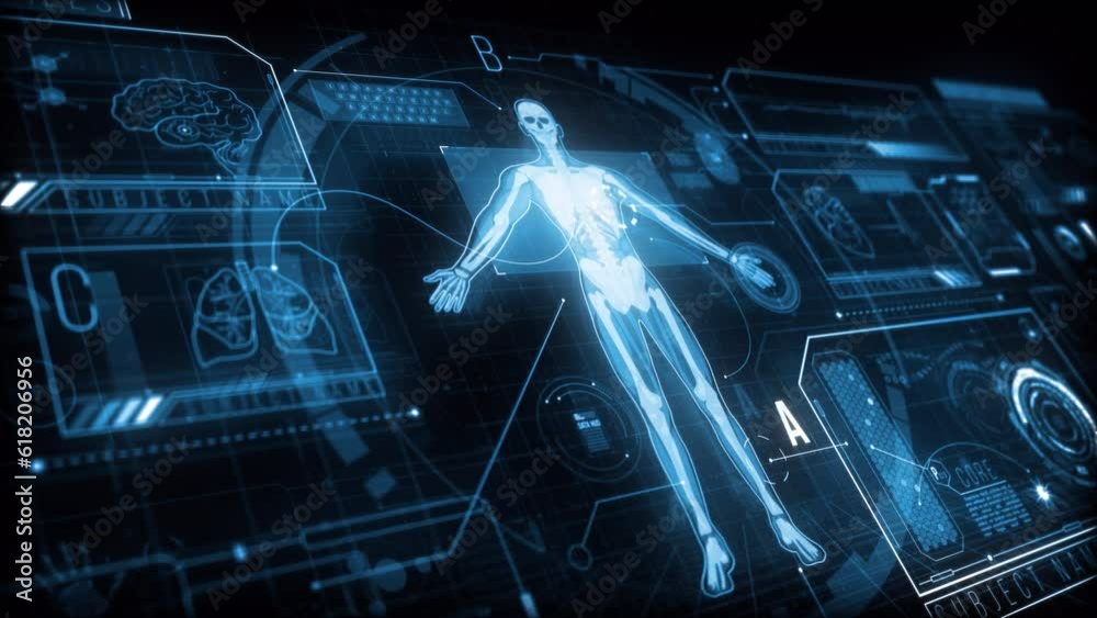 Medical HUD Display with animated elements analyzing a human body in a perspective view.
