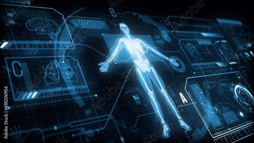 Medical HUD Display with animated elements analyzing a human body in a perspective view.