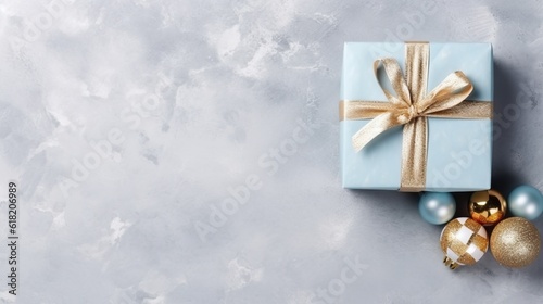 Gift box top flat lay Christmas background with decorative holiday design elements. Festive background with christmas ornament decoration, Copy space. Banner and poster. generative ai