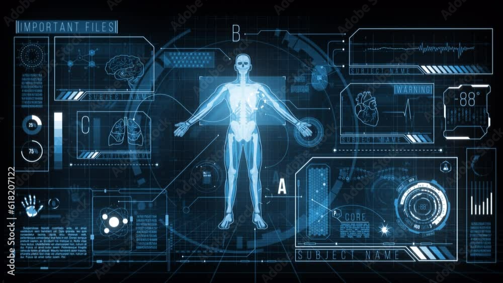 Futuristic HUD Medicine Screen Data. A modern digital interface with loading human anatomy in the center.