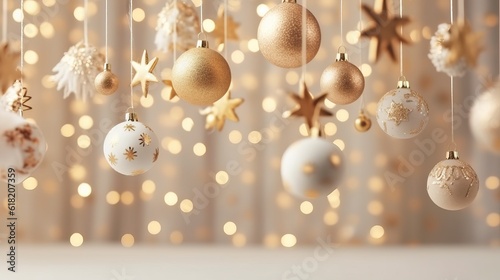 Christmas background. Hanging decorative baubles ball holiday design elements. Festive background with christmas ornament decoration, Copy space. banner and poster. generative ai