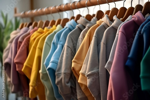 Hoodies of different colors hang on a hanger
