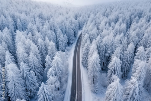 Road way in winter forest, top view